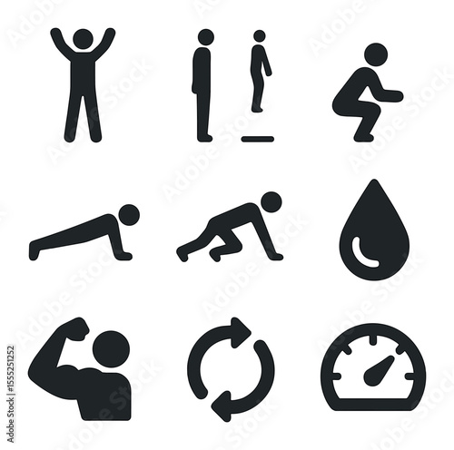 Explosion Icon Set. Solid, filled icons set of energetic explosion patterns: blast swirl, shockwave field,