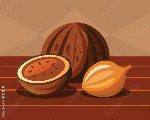 Whole nutmeg seeds and ground nutmeg powder on display vector art design 