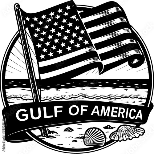 Gulf of America Coastal Badge: US Flag, Beach, and Seashells
