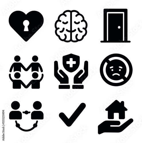 Noir Detective Icons. Solid, filled icons set of detective noir AI: trenchcoat face, fedora chip, shadow eye,