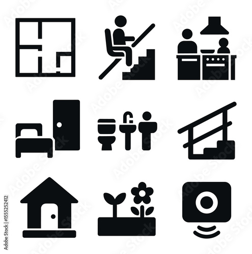 Cultural Heritage Icons Grid. Solid, filled icons set of cultural heritage maps: heritage site, language