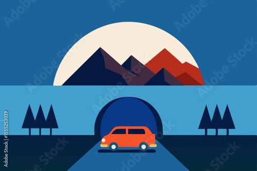 family car passing through tunnel with mountain