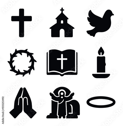 Enchanted Relics Icons. Solid, filled icons set of enchanted relics: dream stone, glowing blade, wish ring,