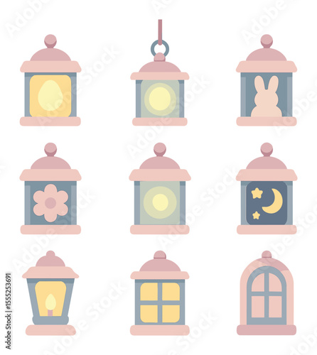 Industry Icon Grid. Solid, filled icons set of industry reveal: niche teaser icon, category tag, press hint,