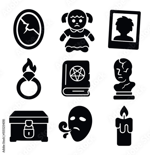 Private Investigator Icons. Solid, filled icons set of private investigation: trench coat icon, spyglass,