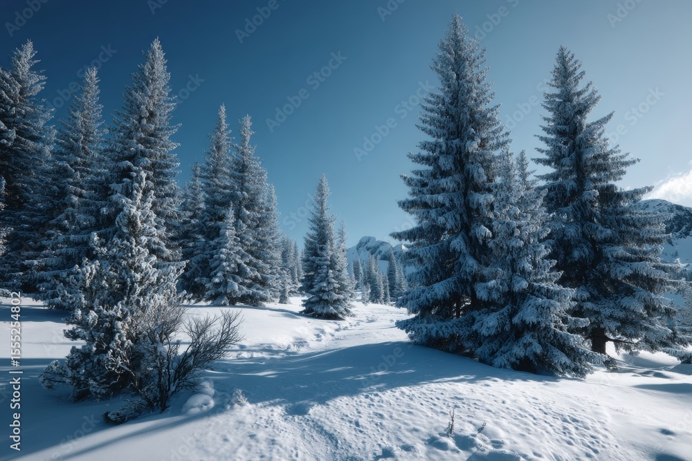 Naklejka premium A blanket of fresh snow covers the ground as tall evergreen trees reach for the clear blue sky. This peaceful winter landscape captures the serene beauty of nature in a tranquil setting