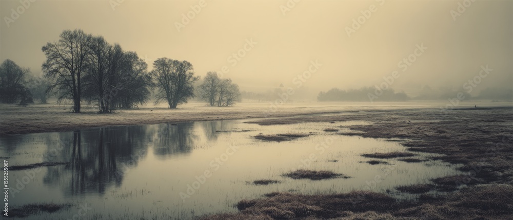 Fototapeta premium Reflective water under a grey, fog-laden sky creates a serene, expansive landscape, with sparse trees enhancing the peaceful solitude.
