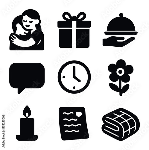 Love Icons for Mom. Solid, filled icons set of love languages for mom: hug icon, gift box, acts of service,