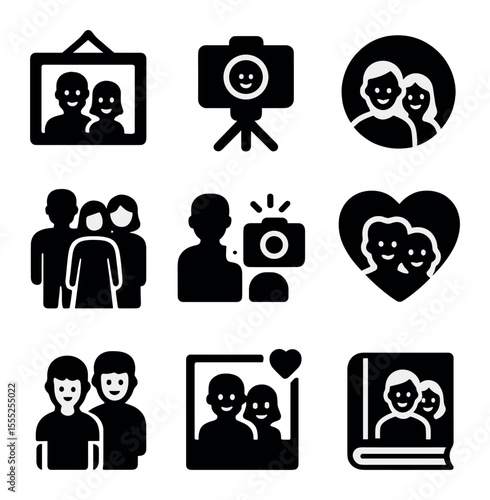 Auction Icons Grid. Solid, filled icons set of auction bidding: raised paddle, countdown clock, bid increment,