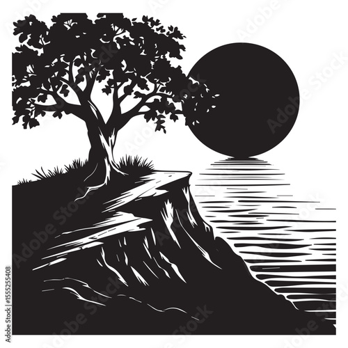 Silhouette of a tree on a cliff reflecting in a lake under a full moon