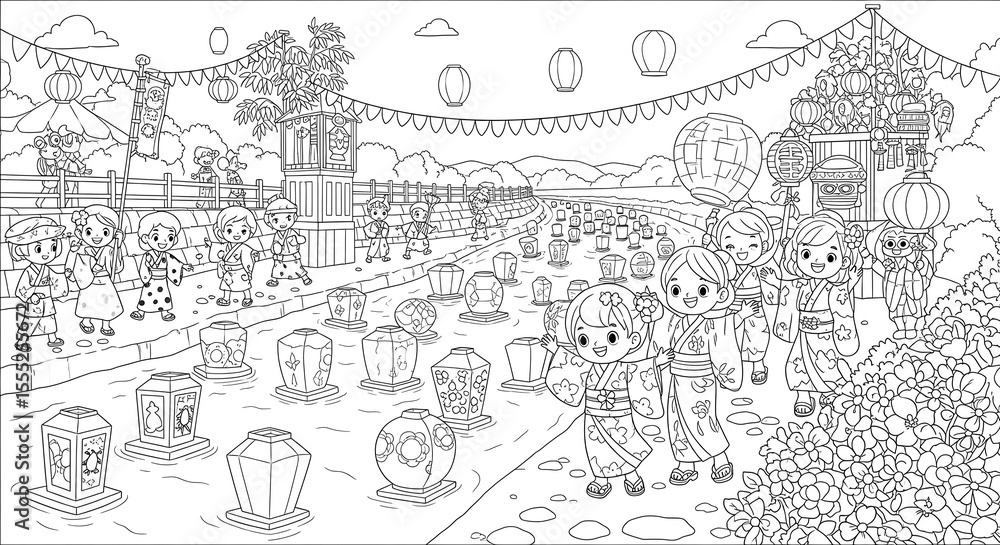 Obraz premium Children in kimonos celebrate a summer festival with floating lanterns isolated on transparent background