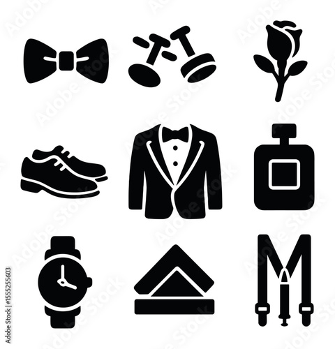 Founder Essentials Icons. Solid, filled icons set of founder essentials: business card, vision board, startup