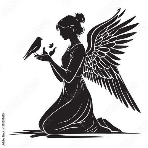 Silhouette of an angel with birds isolated on white background