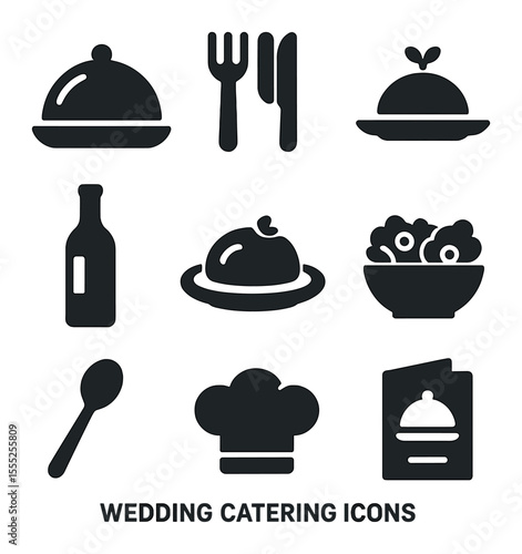 Wedding Catering Icons. Solid, filled icons set of wedding catering: buffet tray, fork and knife, plated dish,