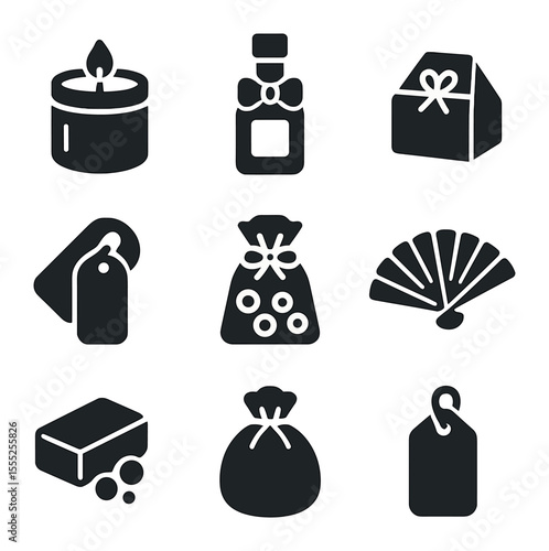 Wedding Favor Icons. Solid, filled icons set of wedding favors: candle jar, mini bottle, favor box, name tag,