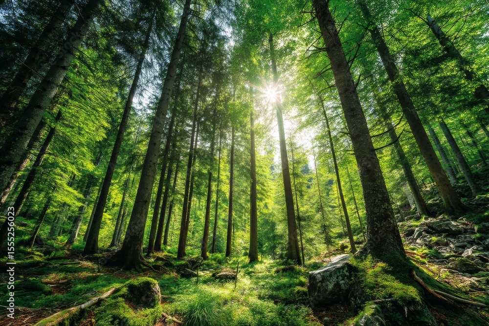 Obraz premium Vibrant green forest captivates with sunlight shining through tall trees creating an enchanting atmosphere. Nature thrives in this serene and untouched habitat filled with lush foliage