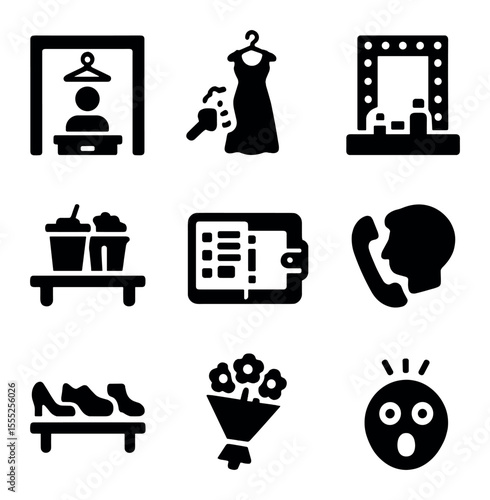 Live Event Icons. Solid, filled icons set of live draw events: live stream badge, drum spin, audience screen,