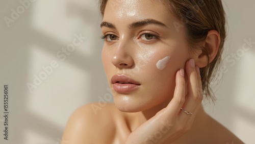 Young woman with clear skin and beige moisturizer cream applying skincare routine, beauty care concept for natural health wellness, close-up portrait with soft sunlight and neutral background