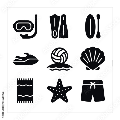 Seaside Activity Icons. Solid, filled icons set of seaside activities: snorkeling mask, fins, paddle board,