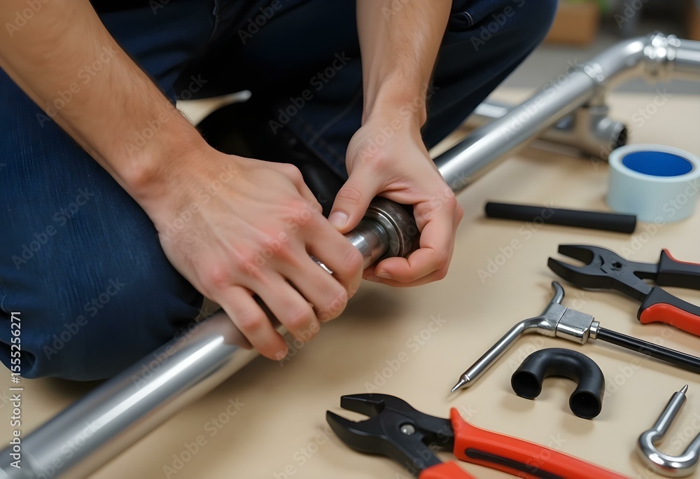 Plumber Hands Tightening Pipe Nut with Wrench – Repair and Technical Assistance Concept
Plumber Hands Tightening Pipe Nut with Wrench – Repair and Technical Assistance Concept