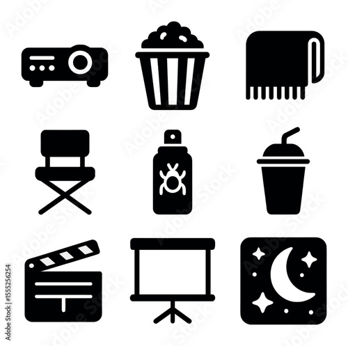 Outdoor Movie Night Icons. Solid, filled icons set of outdoor movie night: projector, popcorn bucket, blanket,
