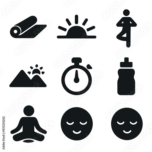 Sunrise Yoga Icons. Solid, filled icons set of sunrise yoga: yoga mat, sun icon, tree pose, breath icon,