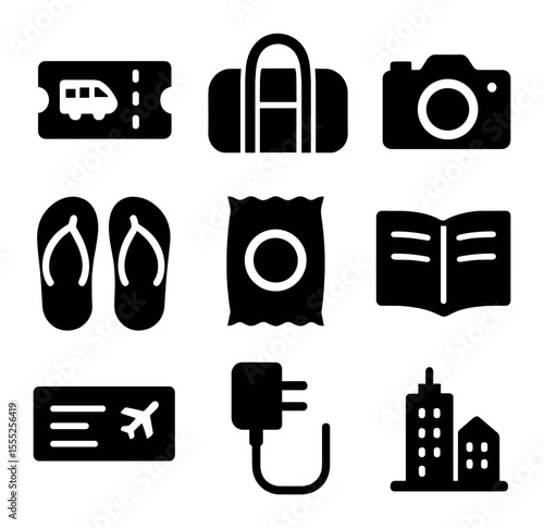 Summer Getaway Icons. Solid, filled icons set of summer weekend getaway: train ticket, duffel bag, camera,