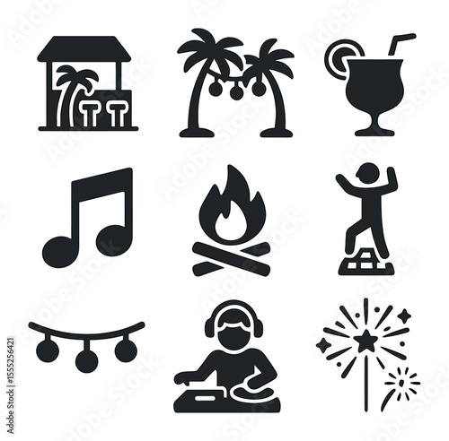 Tropical Nightlife Icons. Solid, filled icons set of tropical nightlife: beach bar, palm lights, cocktail,