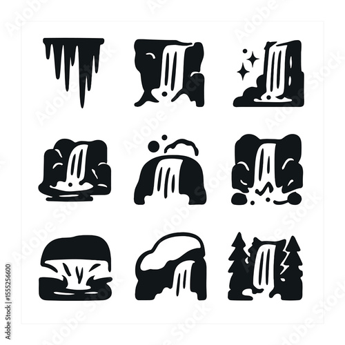 Frozen Waterfall Icons. Solid, filled icons set of frozen waterfall: icicle fall, cliff, snow dust, riverbed,