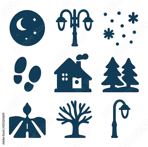 Winter Evening Icons. Solid, filled icons set of evening winter scene: twilight sky, streetlights, soft snow,