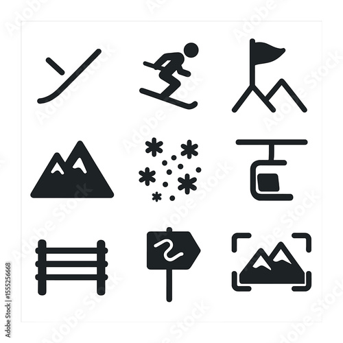 Ski Slope Icons. Solid, filled icons set of ski slopes: slope line, skier, flag marker, mountain outline, snow