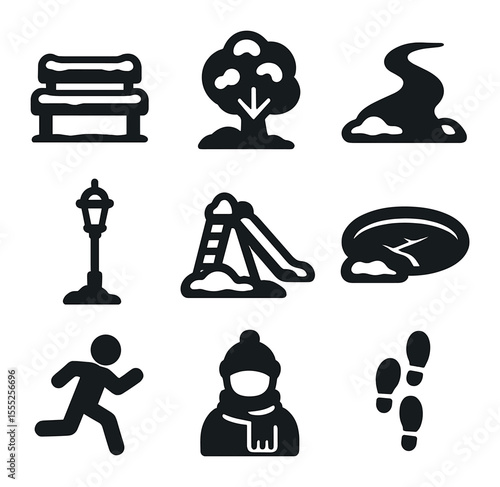 Winter Park Icons. Solid, filled icons set of snowy park: bench, snow tree, path, lamppost, playground buried,