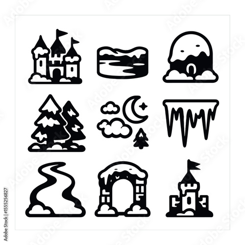 Snow Castle Icons. Solid, filled icons set of snow-covered castle: towers, moat ice, snow dome, flags, pine