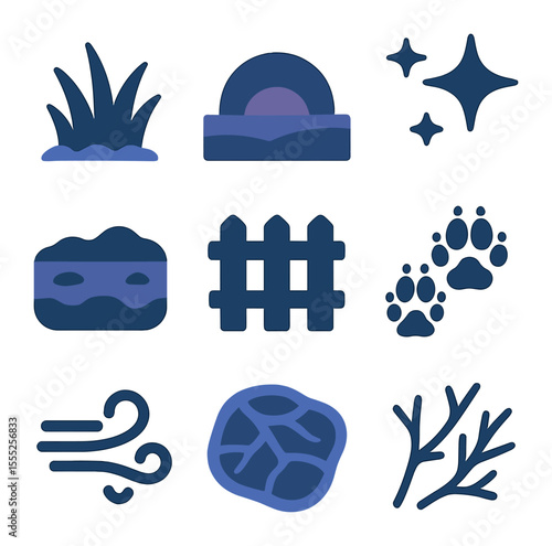 Icy Field Icons. Solid, filled icons set of icy field at dusk: frozen grass, sunset sky, frost shimmer, cold