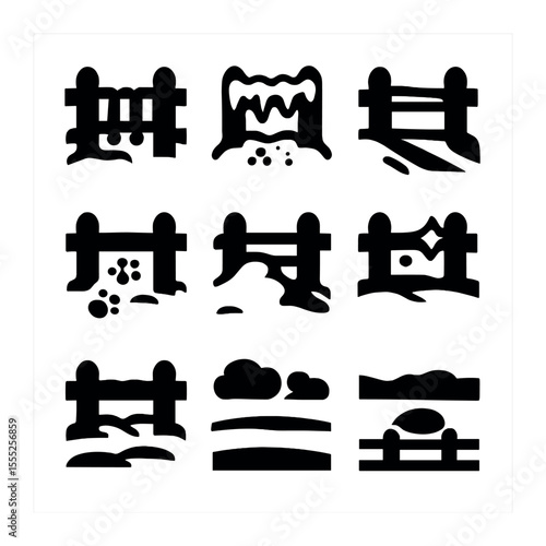 Snowy Fence Icons. Solid, filled icons set of snowy fence lines: wooden fence, frost, shadows, animal prints,