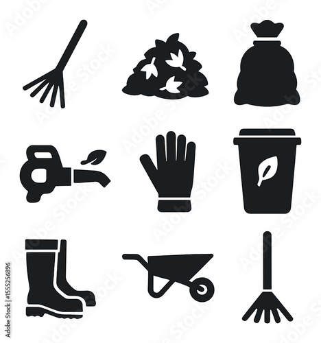 Raking Leaves Icons. Solid, filled icons set of raking leaves: rake, pile of leaves, trash bag, leaf blower,