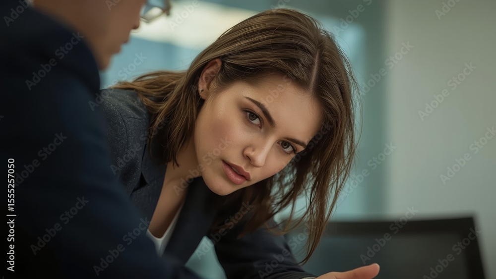 Young woman focused on conversation with man, professional setting, business meeting, office environment, serious expression, teamwork, collaboration, communication, indoor, modern decor, natural lig Young woman focused on conversation with man, professional setting, business meeting, office environment, serious expression, teamwork, collaboration, communication, indoor, modern decor, natural lig