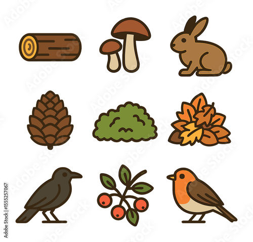 Autumn Woodland Icons. Solid, filled icons set of woodland autumn: log, mushrooms, rabbit, pinecone, moss,