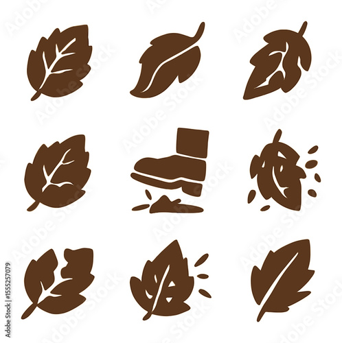 Crunchy Leaf Icons. Solid, filled icons set of crunchy leaves: dry edge, curled tip, brown tone, scattered
