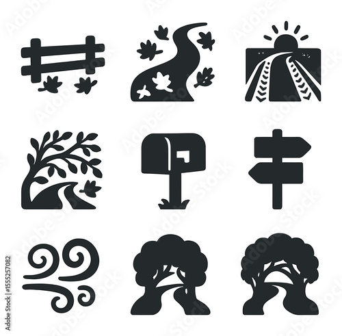 Rural Fall Icon Set. Solid, filled icons set of rural road in fall: fence line, leaf-covered road, car tire