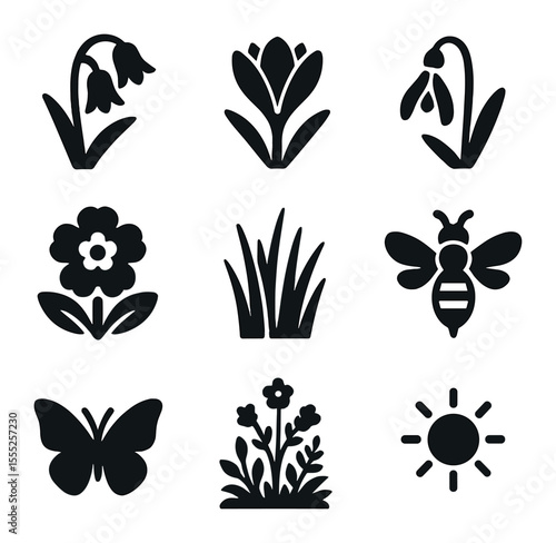 Spring Wildflowers Icons. Solid, filled icons set of spring wildflowers: bluebell, crocus, snowdrop, primrose,