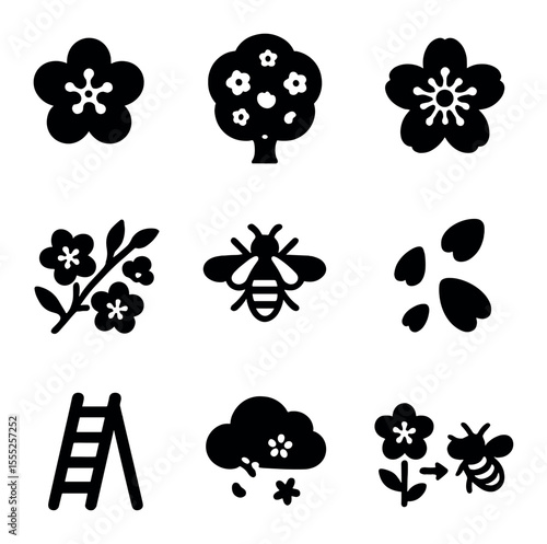 Blooming Orchard Icons. Solid, filled icons set of orchard in bloom: fruit blossom, apple tree, pear flower,