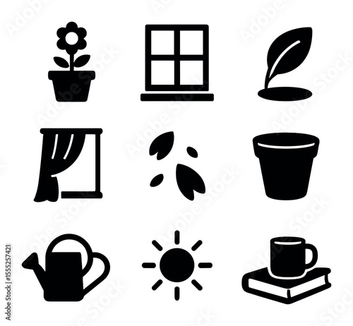 Windowsill Icon Set. Solid, filled icons set of windowsill blooms: flowerpot, window light, leaf shadow,
