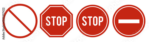 Set of Red Stop Signs. Flat Vector Icons of Prohibition, Warning, and No Entry Symbols in Circle and Octagon Shapes. Isolated Design Elements for Road, Traffic, Alert, and Safety Concepts.