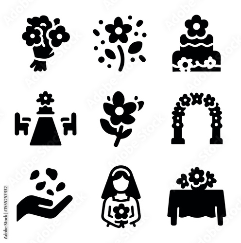 Bloom Celebration Icons. Solid, filled icons set of celebration in bloom: bride bouquet, confetti flower,