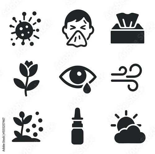 Seasonal Allergy Icons. Solid, filled icons set of seasonal allergies: pollen icon, sneeze face, tissue,
