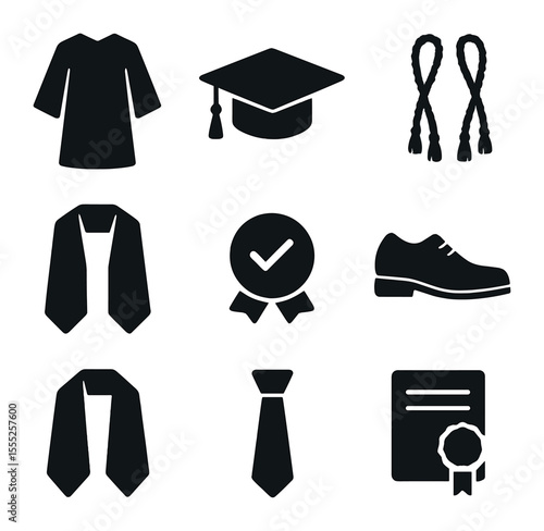 Graduation Icons Grid. Solid, filled icons set of graduate outfit: graduation gown, cap with tassel, honor