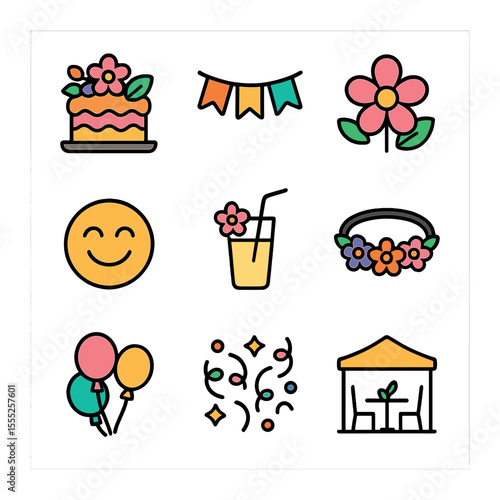 Spring Celebration Icons. Solid, filled icons set of springtime celebration: floral cake, colorful garland,