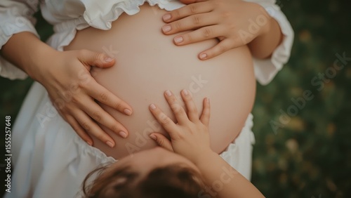Pregnant woman in white dress holding belly with child hands touching bump gently, maternity love concept for family, motherhood, baby shower, natural outdoor background with soft focus