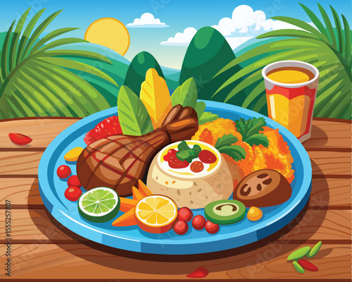 Caribbean dish featuring grilled jerk chicken vector art design 